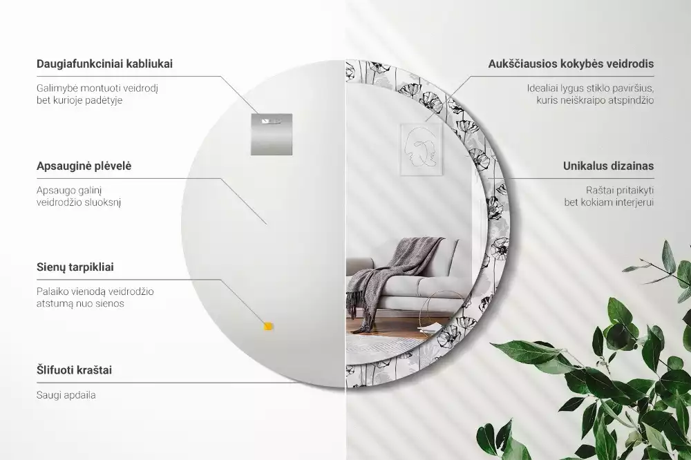 Lustro z okrągłą ramką i nadrukiem w motywie maków