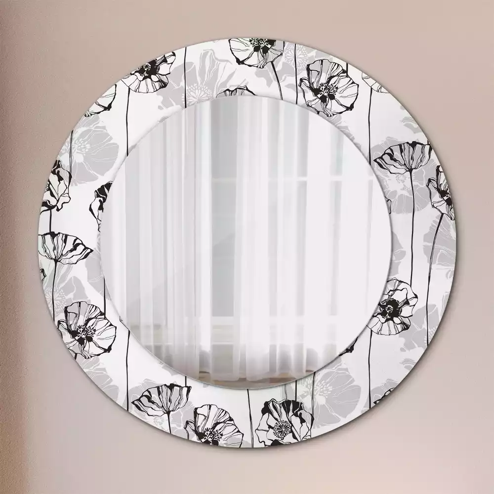 Lustro z okrągłą ramką i nadrukiem w motywie maków
