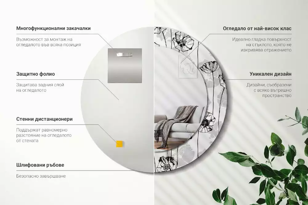 Lustro z okrągłą ramką i nadrukiem w motywie maków