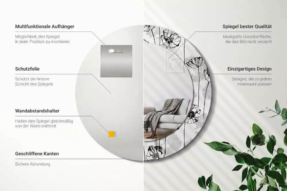 Lustro z okrągłą ramką i nadrukiem w motywie maków