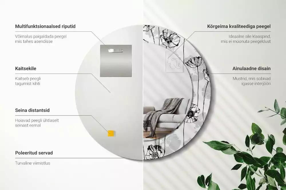 Lustro z okrągłą ramką i nadrukiem w motywie maków