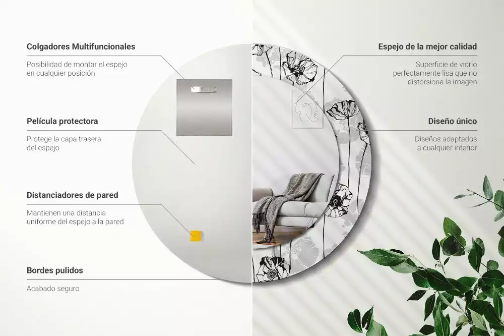 Lustro z okrągłą ramką i nadrukiem w motywie maków