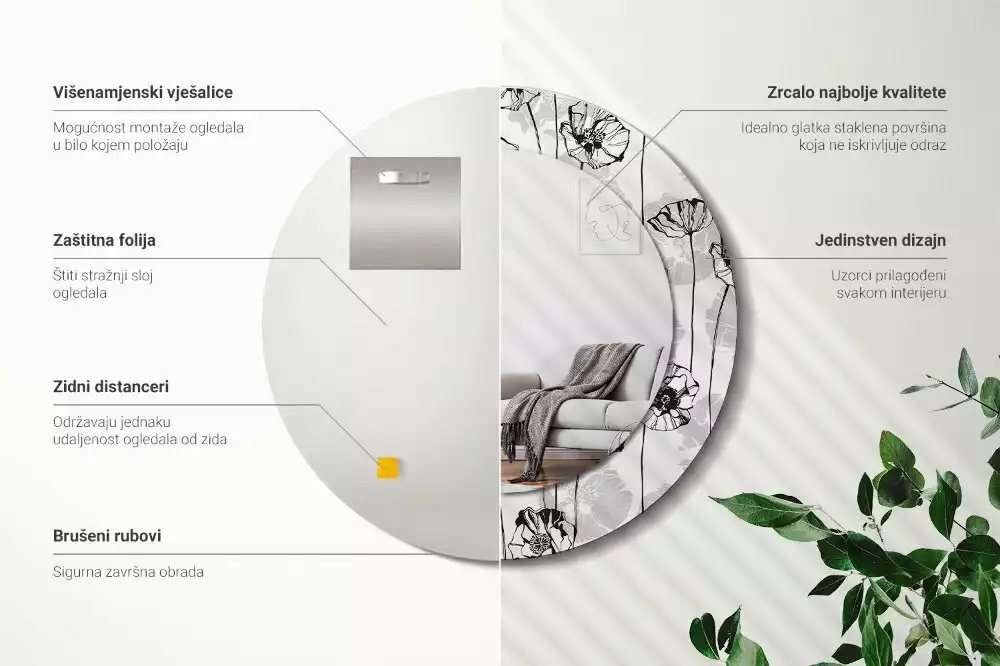 Lustro z okrągłą ramką i nadrukiem w motywie maków