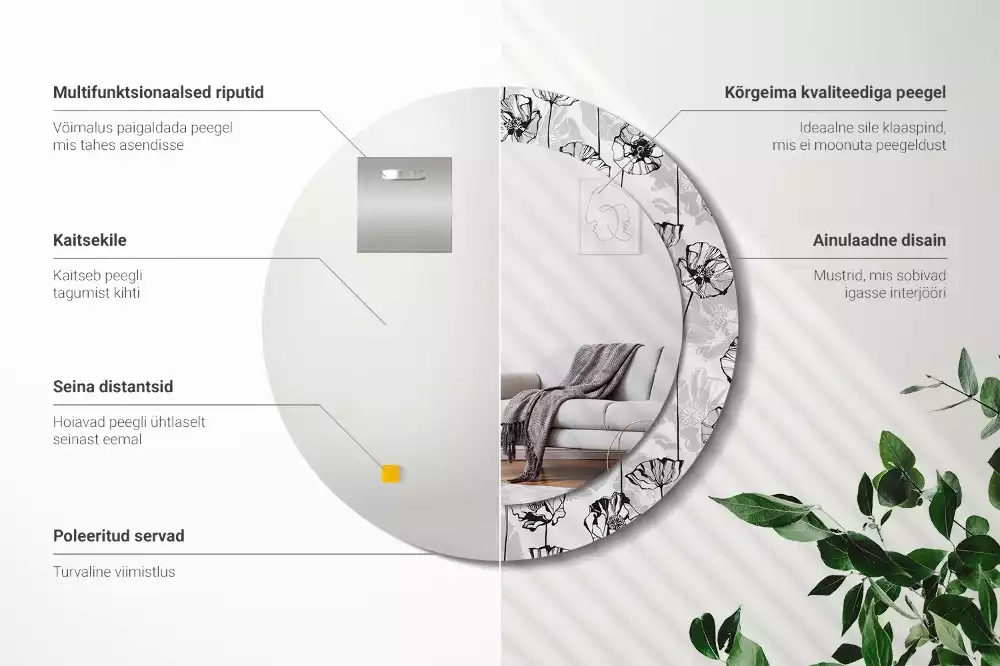 Lustro z okrągłą ramką i nadrukiem w motywie maków