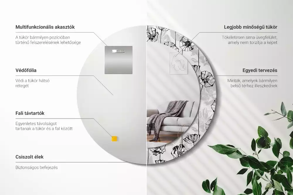 Lustro z okrągłą ramką i nadrukiem w motywie maków