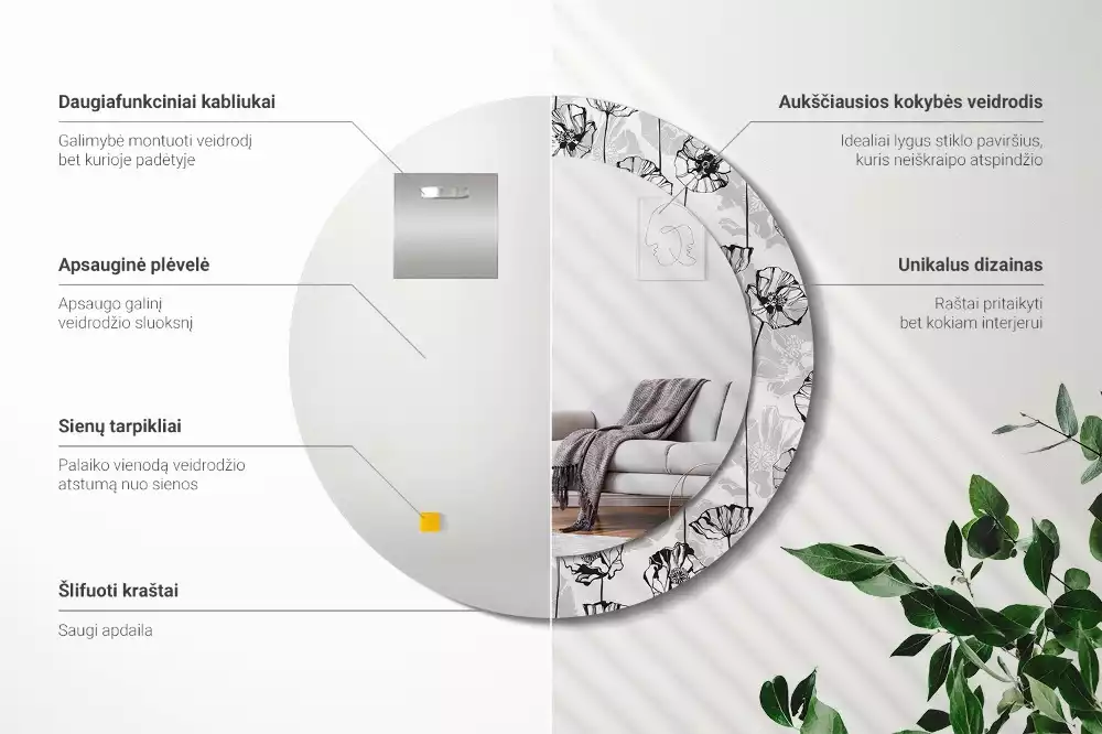 Lustro z okrągłą ramką i nadrukiem w motywie maków