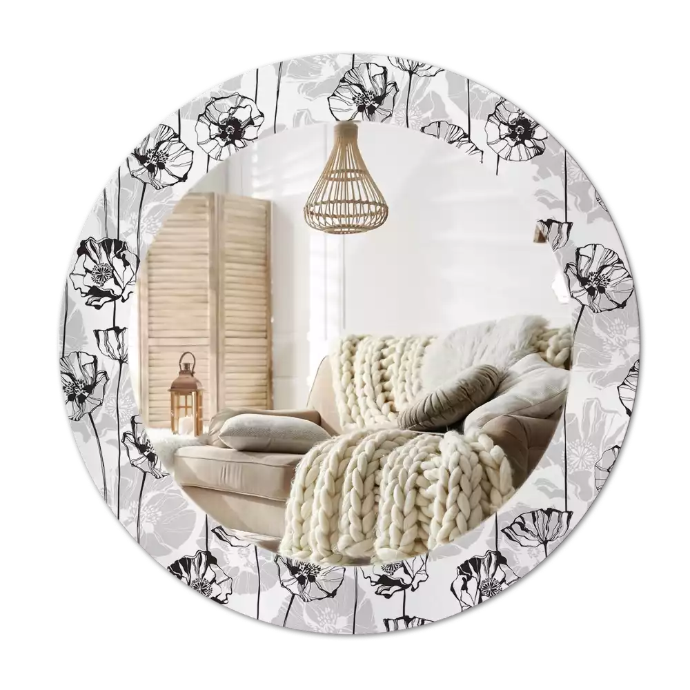 Lustro z okrągłą ramką i nadrukiem w motywie maków