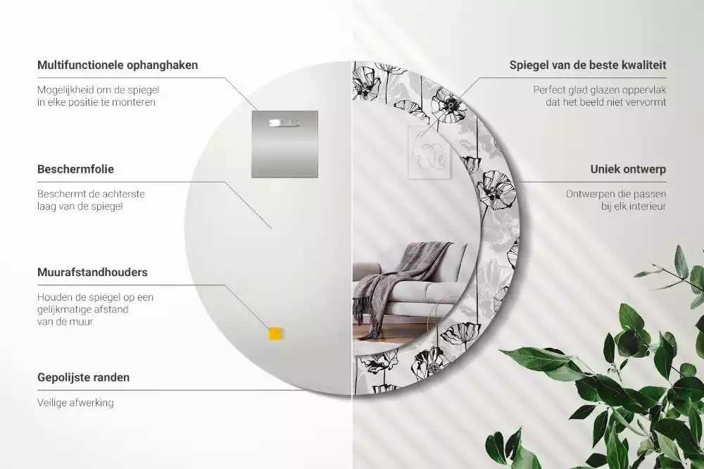 Lustro z okrągłą ramką i nadrukiem w motywie maków