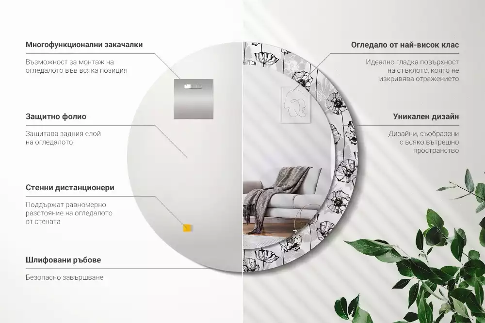 Lustro z okrągłą ramką i nadrukiem w motywie maków