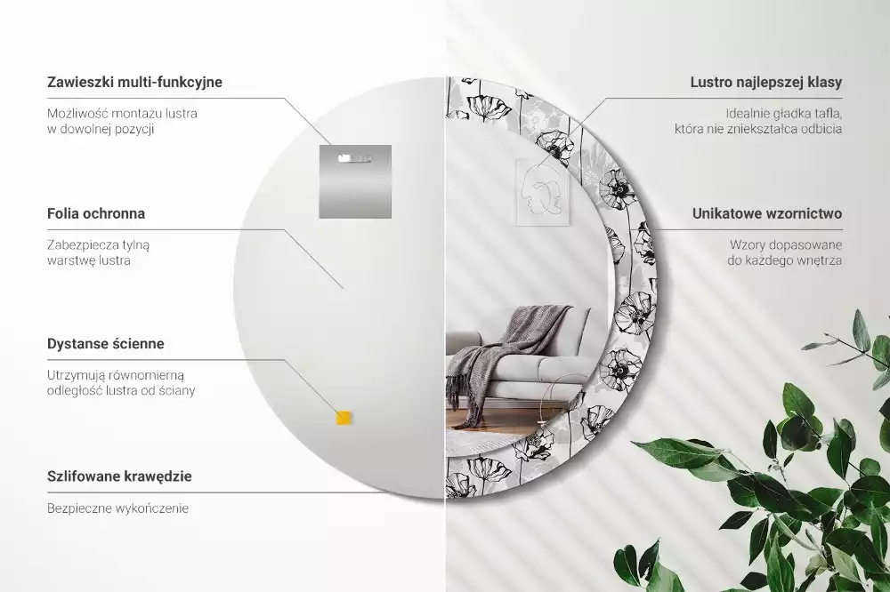 Lustro z okrągłą ramką i nadrukiem w motywie maków