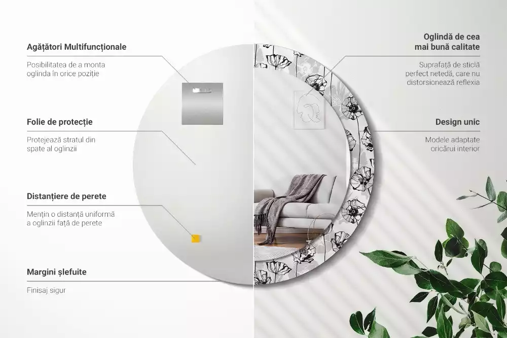 Lustro z okrągłą ramką i nadrukiem w motywie maków