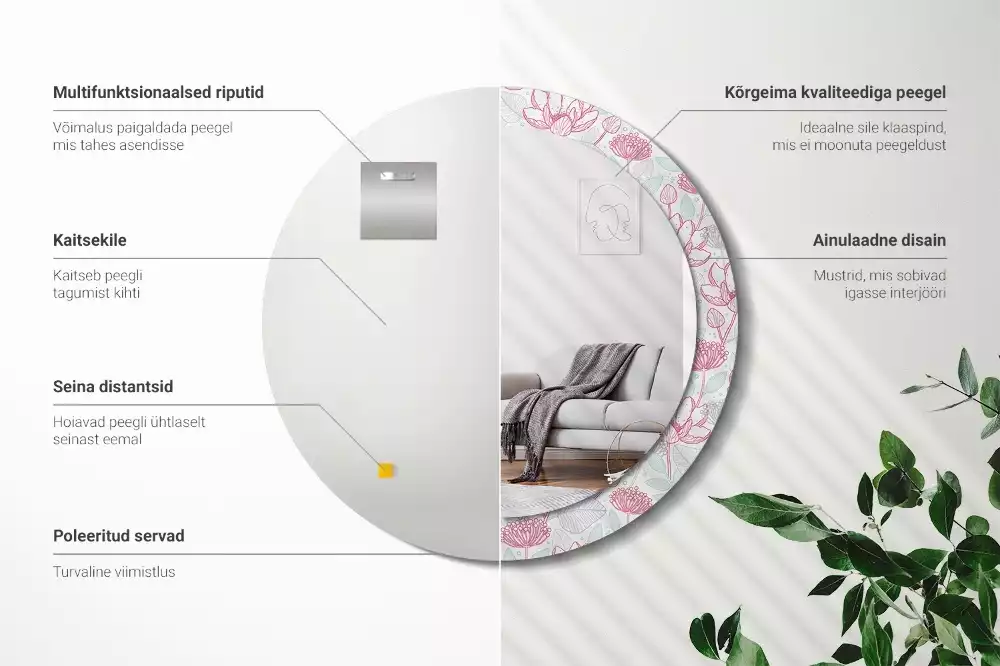 Lustro ścienne dekoracyjne w kształcie okręgu z motywem kwiatowym