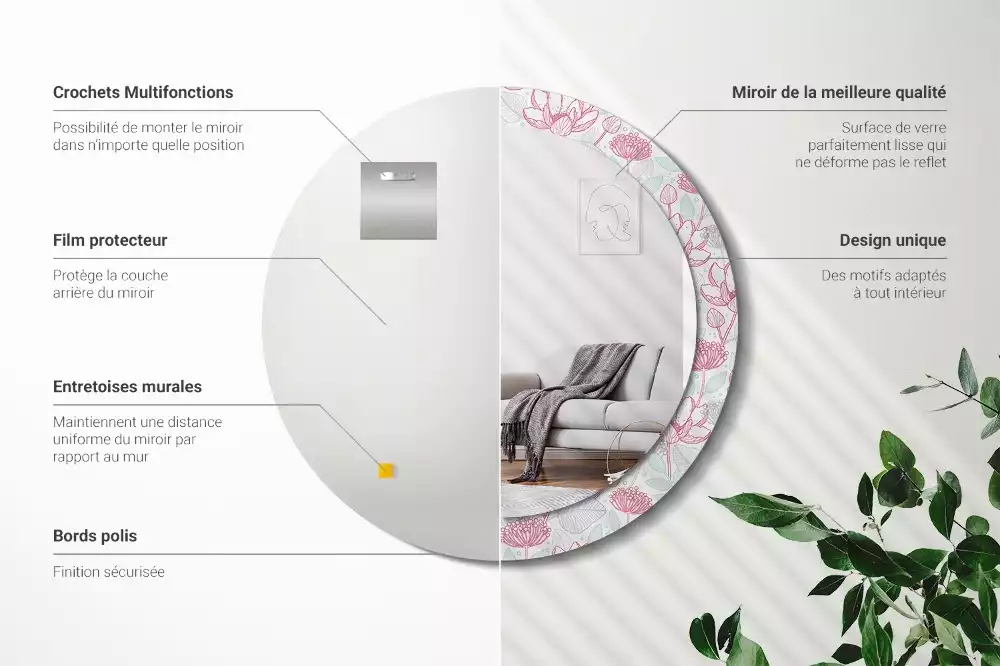 Lustro ścienne dekoracyjne w kształcie okręgu z motywem kwiatowym