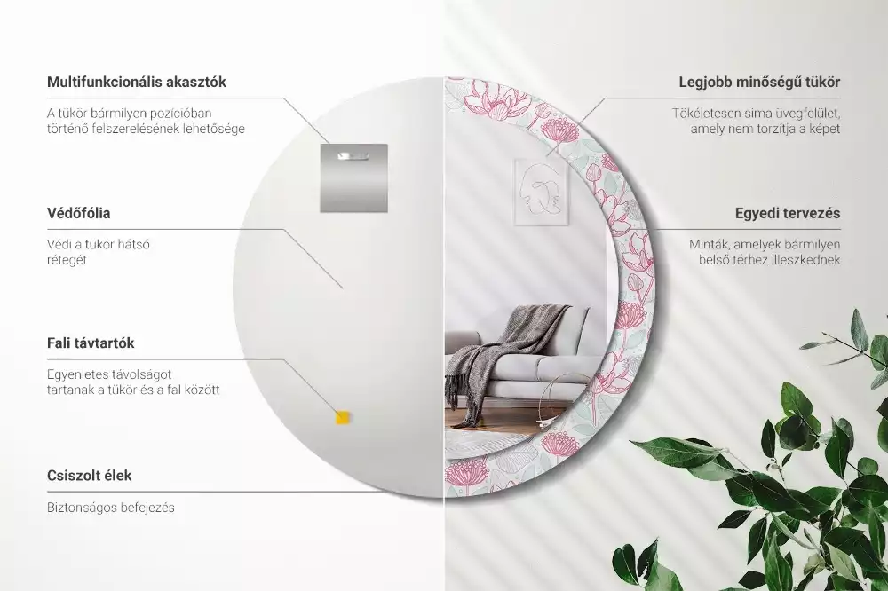 Lustro ścienne dekoracyjne w kształcie okręgu z motywem kwiatowym