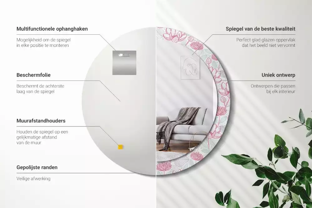 Lustro ścienne dekoracyjne w kształcie okręgu z motywem kwiatowym