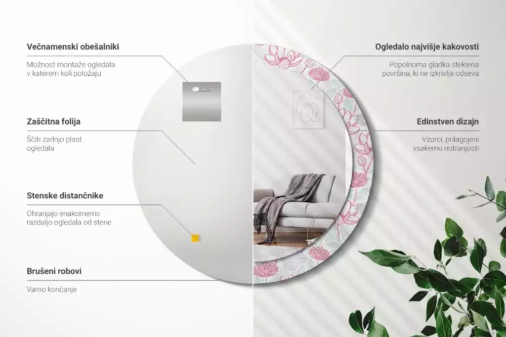 Lustro ścienne dekoracyjne w kształcie okręgu z motywem kwiatowym