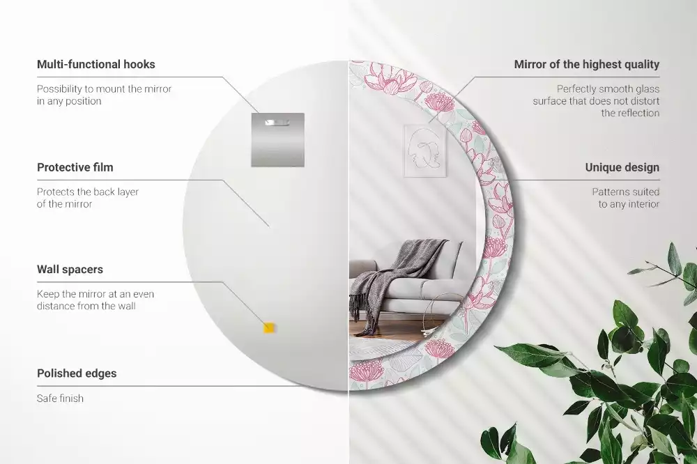 Lustro ścienne dekoracyjne w kształcie okręgu z motywem kwiatowym