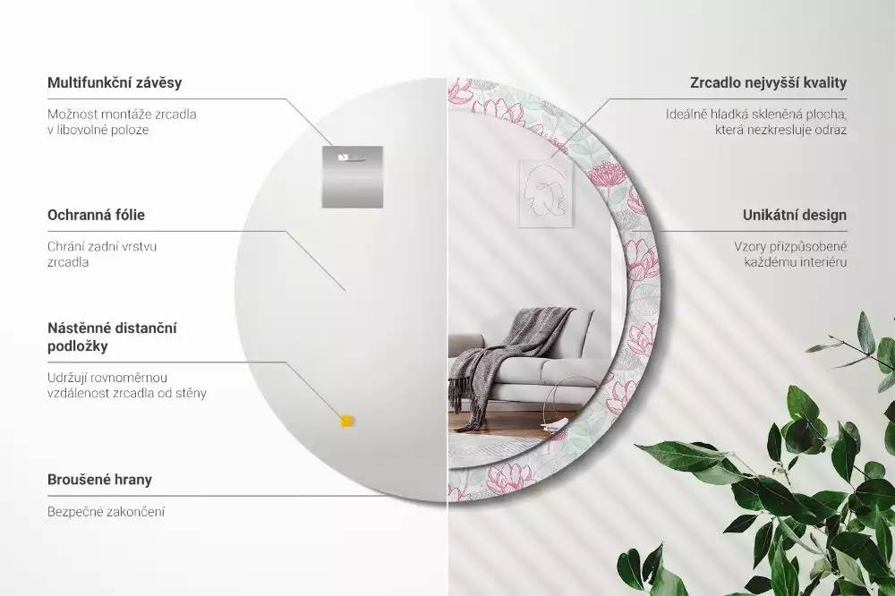 Lustro ścienne dekoracyjne w kształcie okręgu z motywem kwiatowym