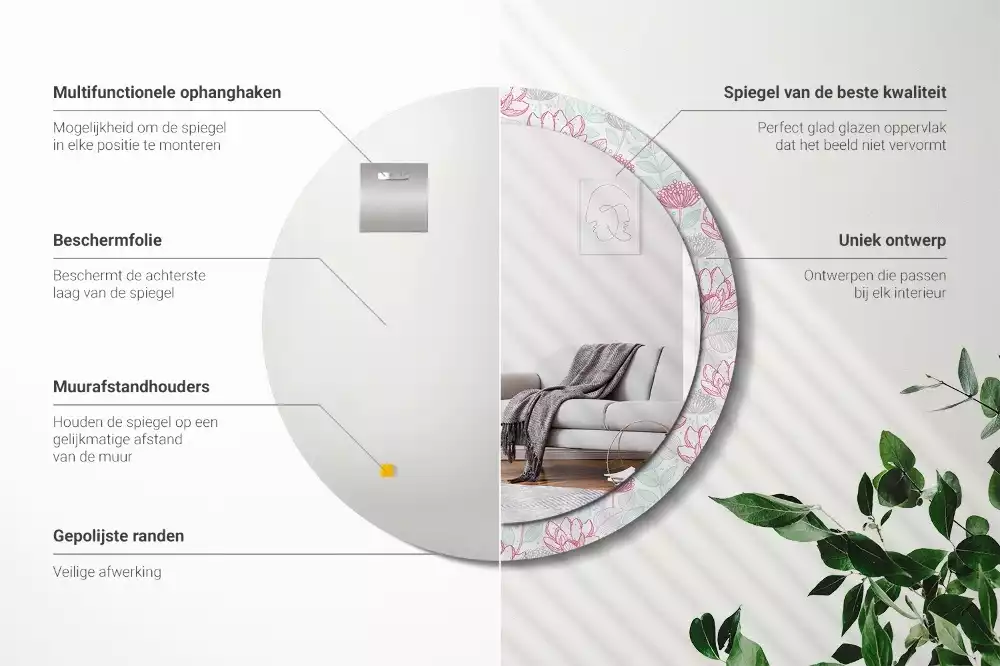 Lustro ścienne dekoracyjne w kształcie okręgu z motywem kwiatowym