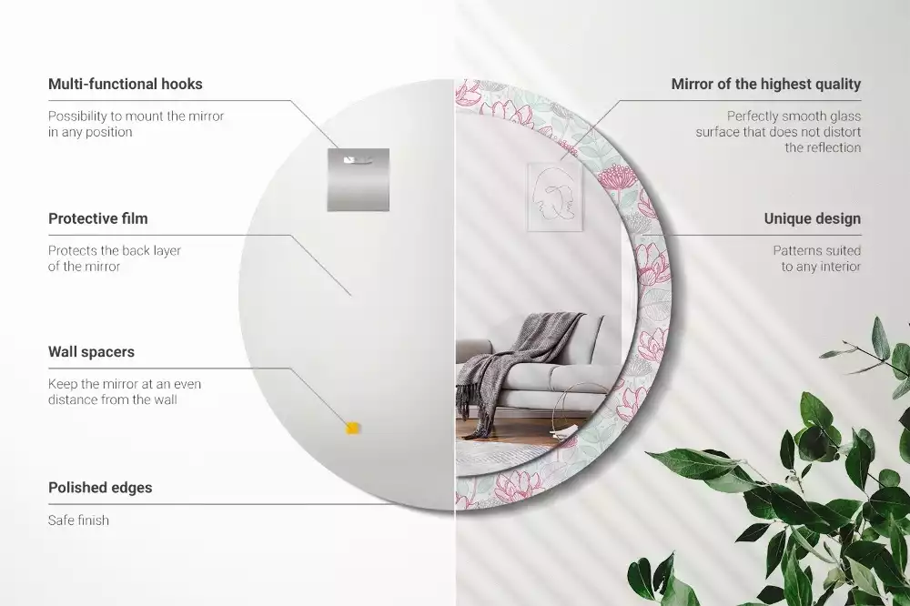 Lustro ścienne dekoracyjne w kształcie okręgu z motywem kwiatowym