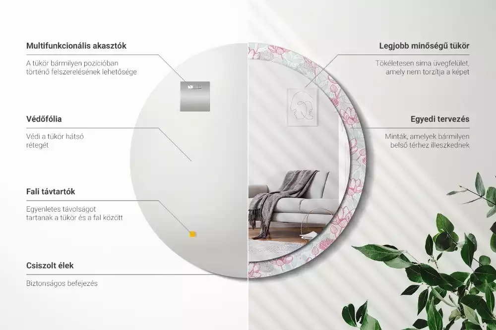 Lustro ścienne dekoracyjne w kształcie okręgu z motywem kwiatowym