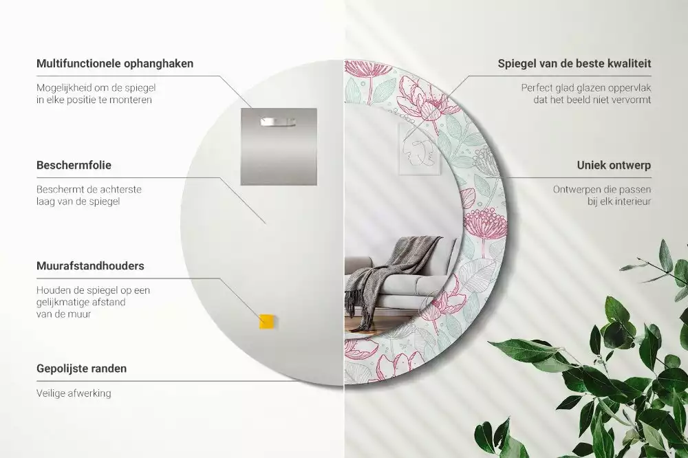 Lustro ścienne dekoracyjne w kształcie okręgu z motywem kwiatowym