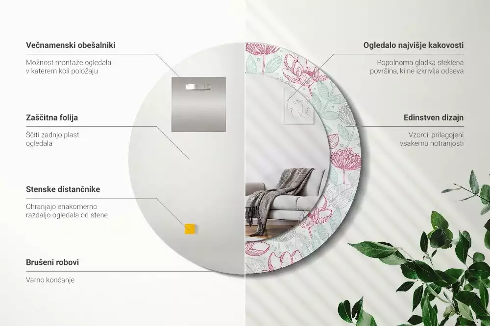 Lustro ścienne dekoracyjne w kształcie okręgu z motywem kwiatowym