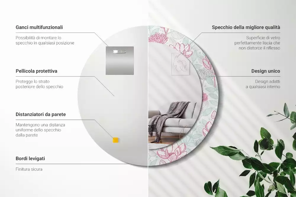 Lustro ścienne dekoracyjne w kształcie okręgu z motywem kwiatowym