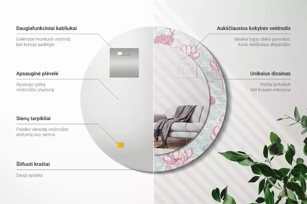 Lustro ścienne dekoracyjne w kształcie okręgu z motywem kwiatowym