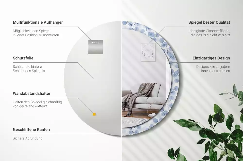 Lustro w ramie z nadrukiem z motywem gałęzi i liści