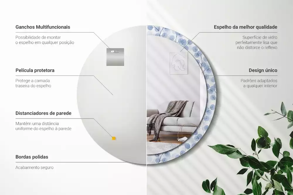 Lustro w ramie z nadrukiem z motywem gałęzi i liści