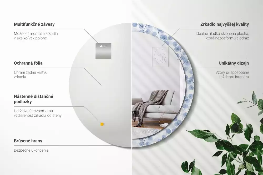 Lustro w ramie z nadrukiem z motywem gałęzi i liści