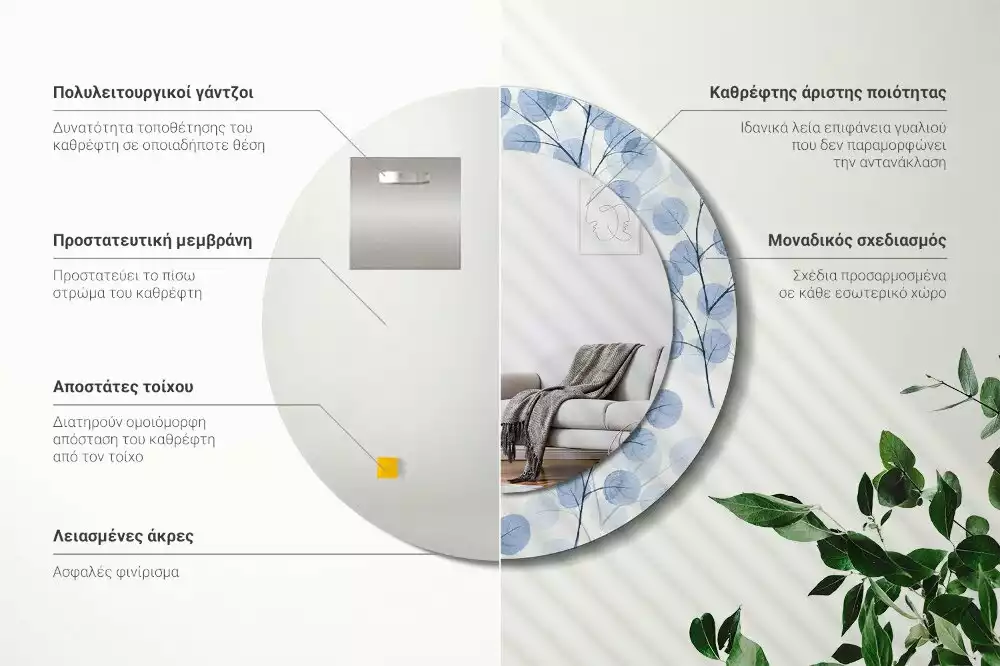 Lustro w ramie z nadrukiem z motywem gałęzi i liści