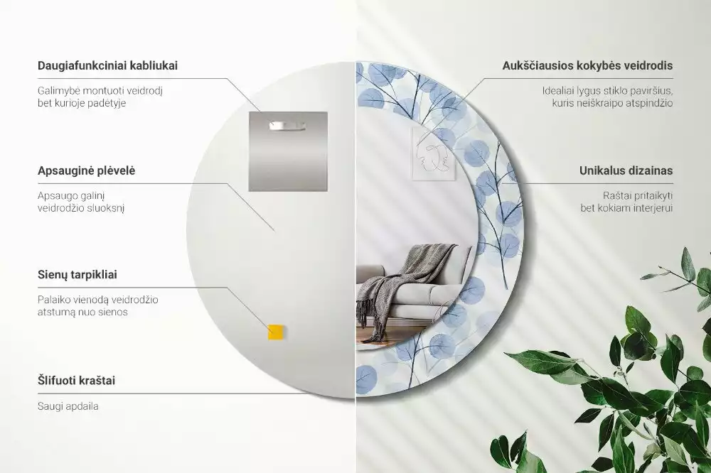 Lustro w ramie z nadrukiem z motywem gałęzi i liści