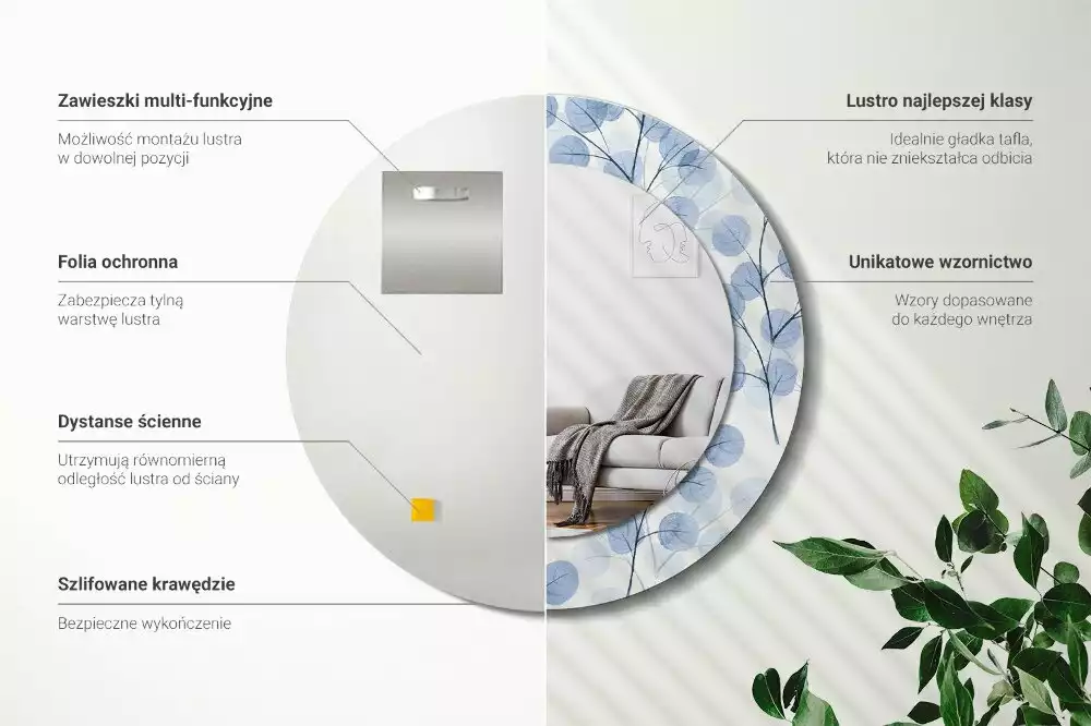 Lustro w ramie z nadrukiem z motywem gałęzi i liści