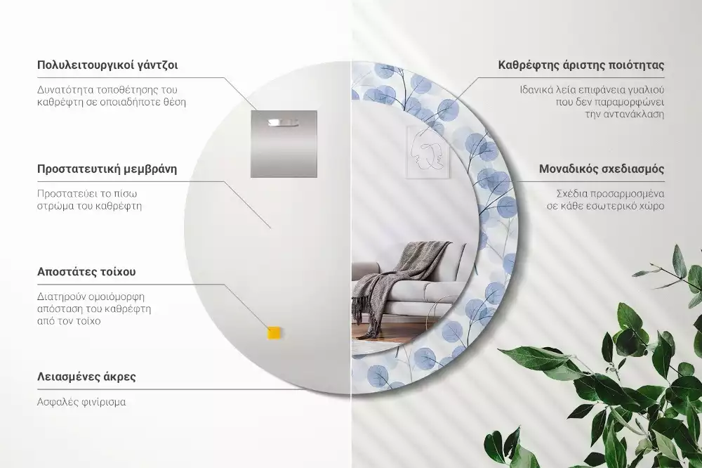 Lustro w ramie z nadrukiem z motywem gałęzi i liści