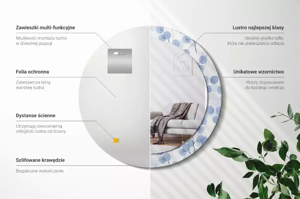 Lustro w ramie z nadrukiem z motywem gałęzi i liści