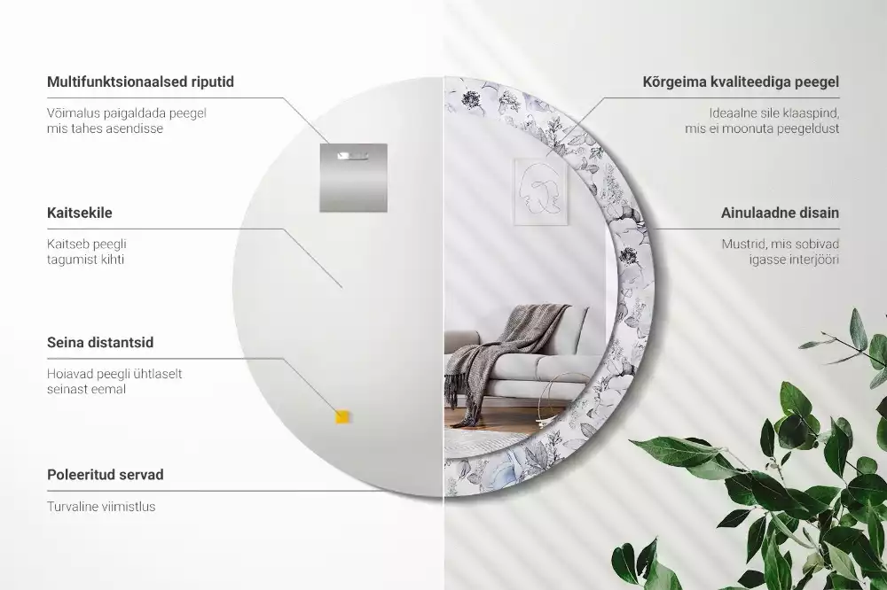 Lustro z okrągłą ramką i nadrukiem niebieskich róż