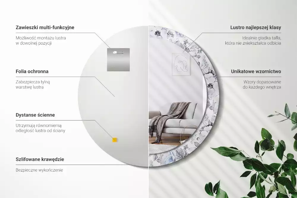 Lustro z okrągłą ramką i nadrukiem niebieskich róż