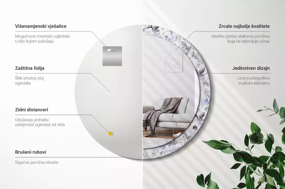 Lustro z okrągłą ramką i nadrukiem niebieskich róż