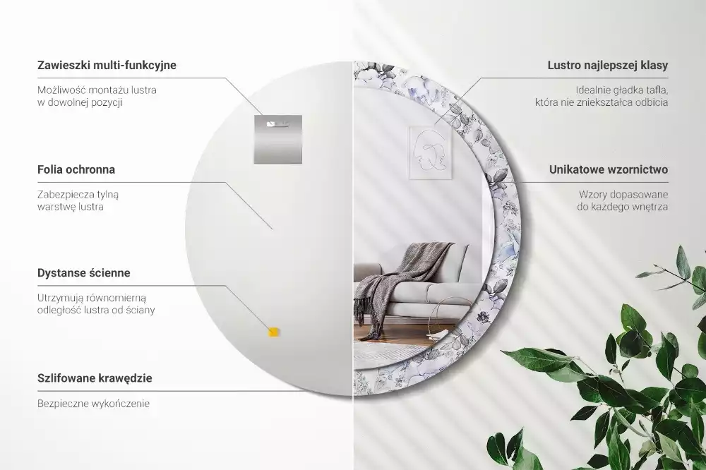 Lustro z okrągłą ramką i nadrukiem niebieskich róż