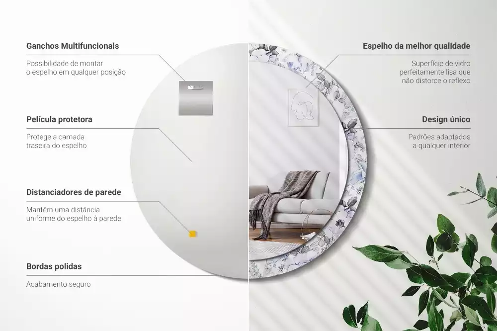 Lustro z okrągłą ramką i nadrukiem niebieskich róż