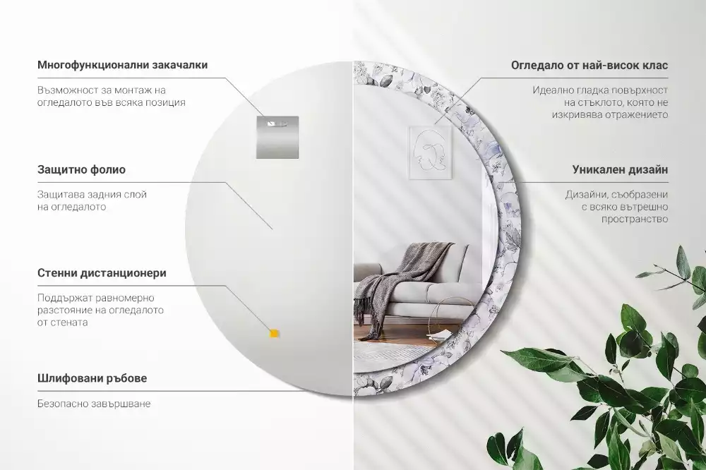 Lustro z okrągłą ramką i nadrukiem niebieskich róż