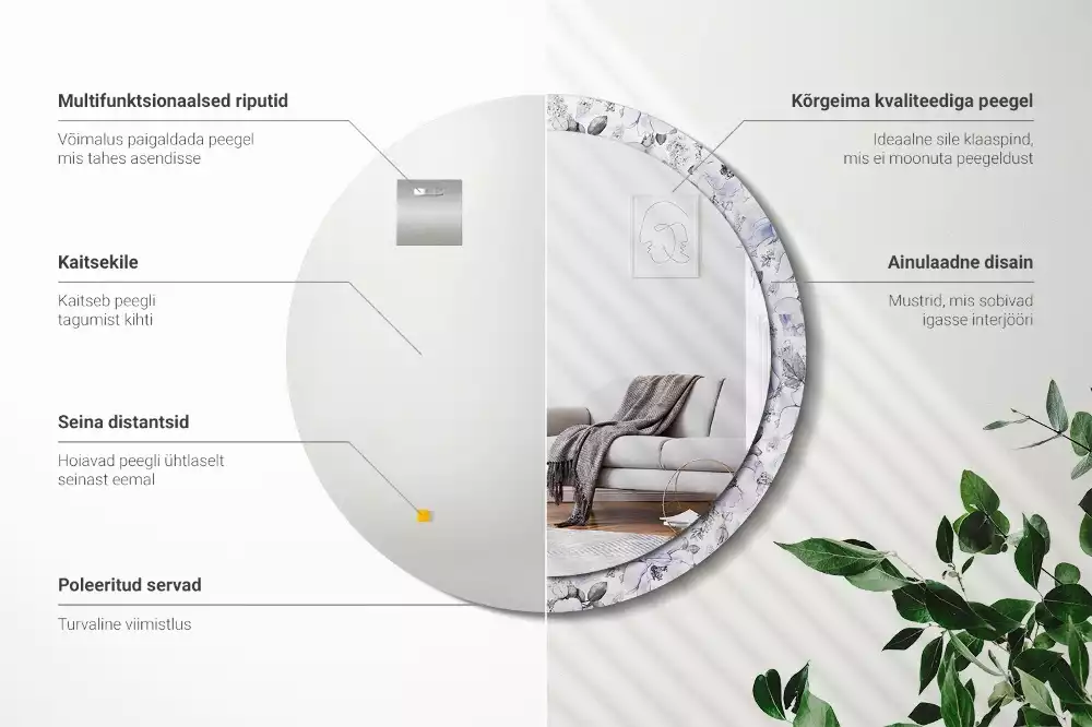 Lustro z okrągłą ramką i nadrukiem niebieskich róż