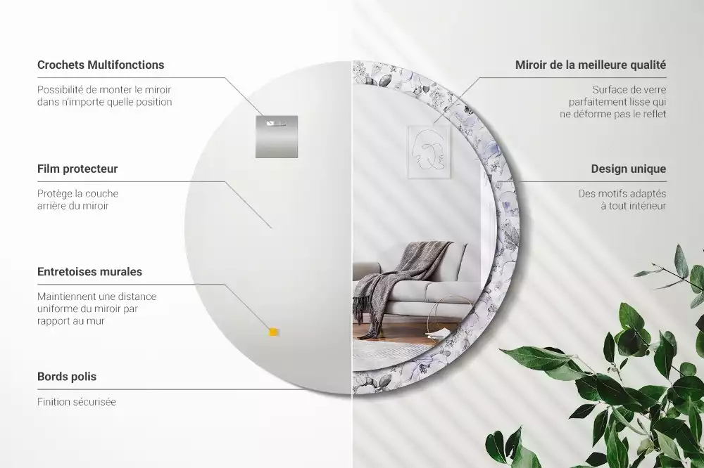 Lustro z okrągłą ramką i nadrukiem niebieskich róż