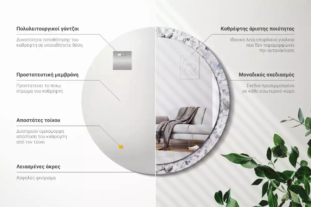 Lustro z okrągłą ramką i nadrukiem niebieskich róż