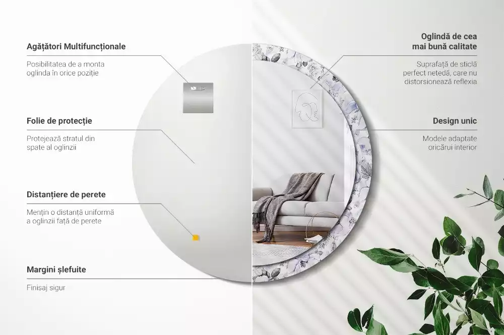 Lustro z okrągłą ramką i nadrukiem niebieskich róż