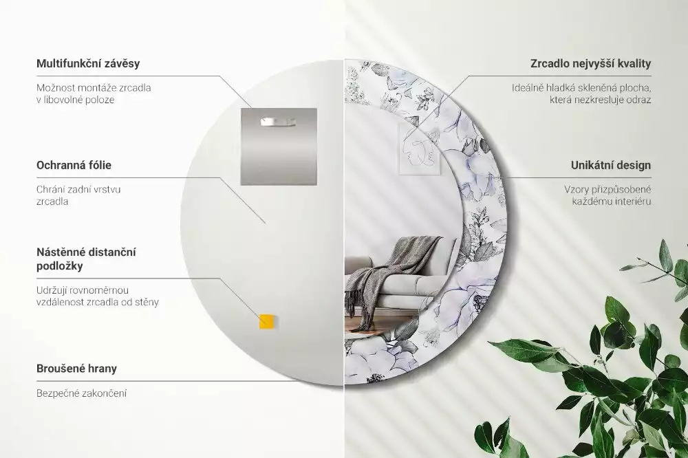 Lustro z okrągłą ramką i nadrukiem niebieskich róż