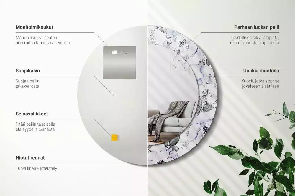 Lustro z okrągłą ramką i nadrukiem niebieskich róż