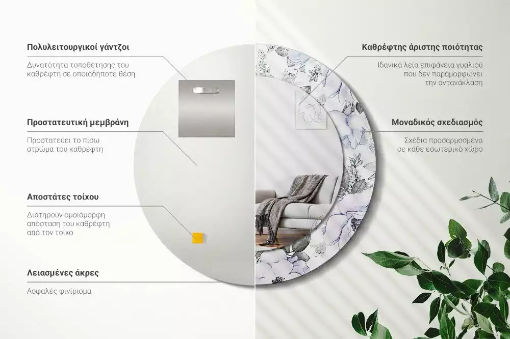 Lustro z okrągłą ramką i nadrukiem niebieskich róż